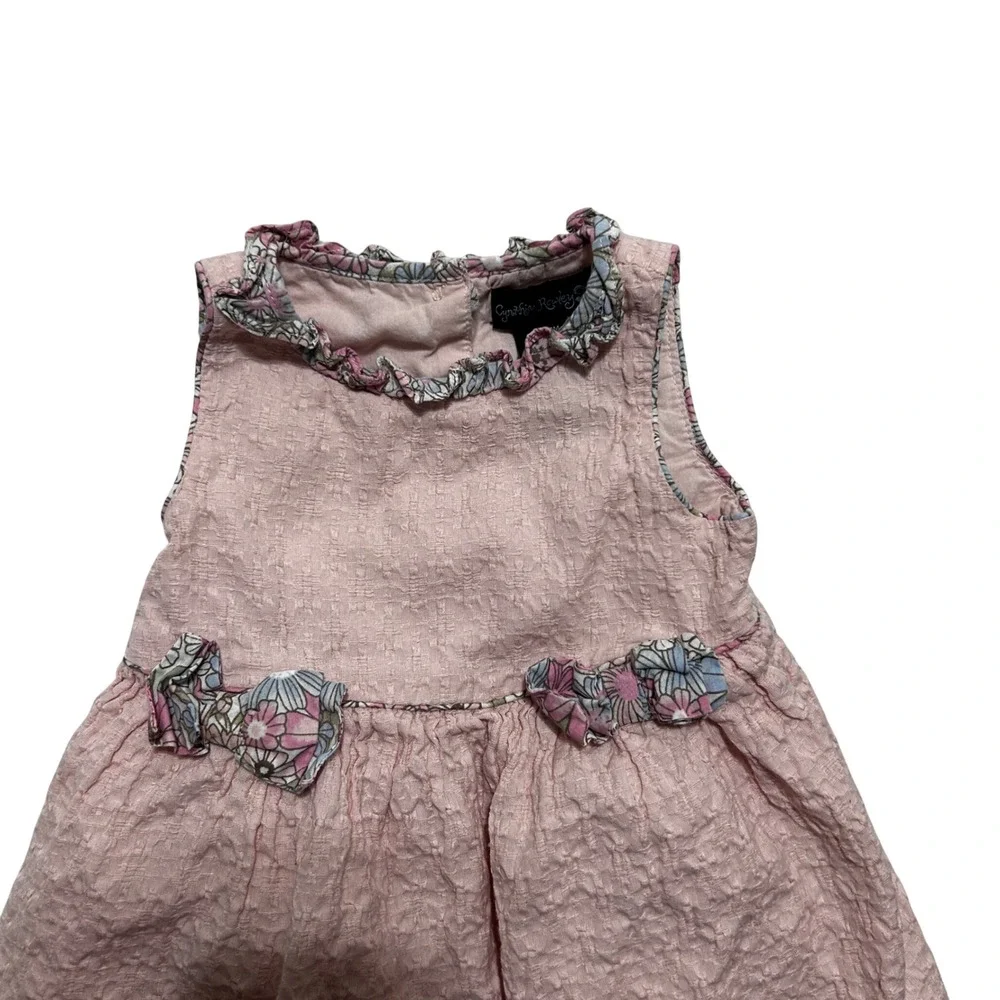 Cynthia Rowley Girls Seersucker Dress 18M Pink Floral Trim Babydoll Cottagecore‎